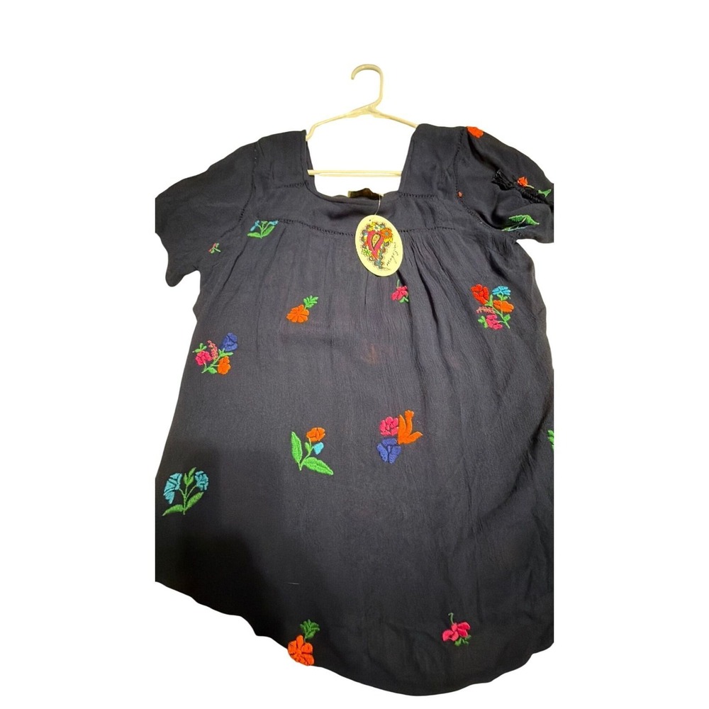 Magazine Navy Blue Floral Embroidered Peasant Top Boho Short Sleeve Blouse M